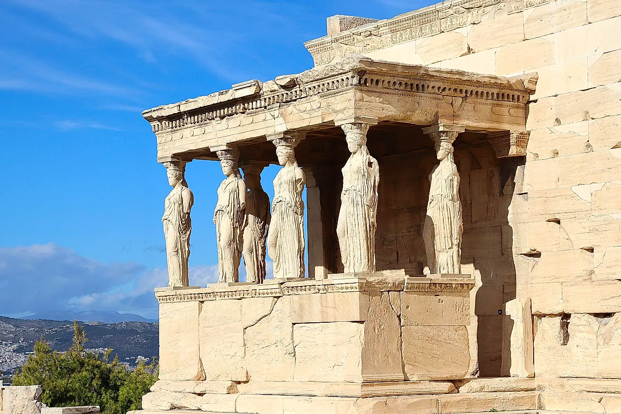 The Porch of the Caryatids of the Erechtheion, with marble maidens holding up the roof