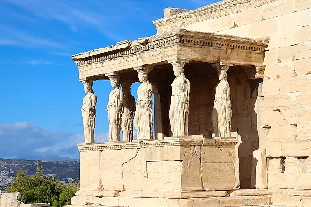 The Porch of the Caryatids of the Erechtheion, with marble maidens holding up the roof